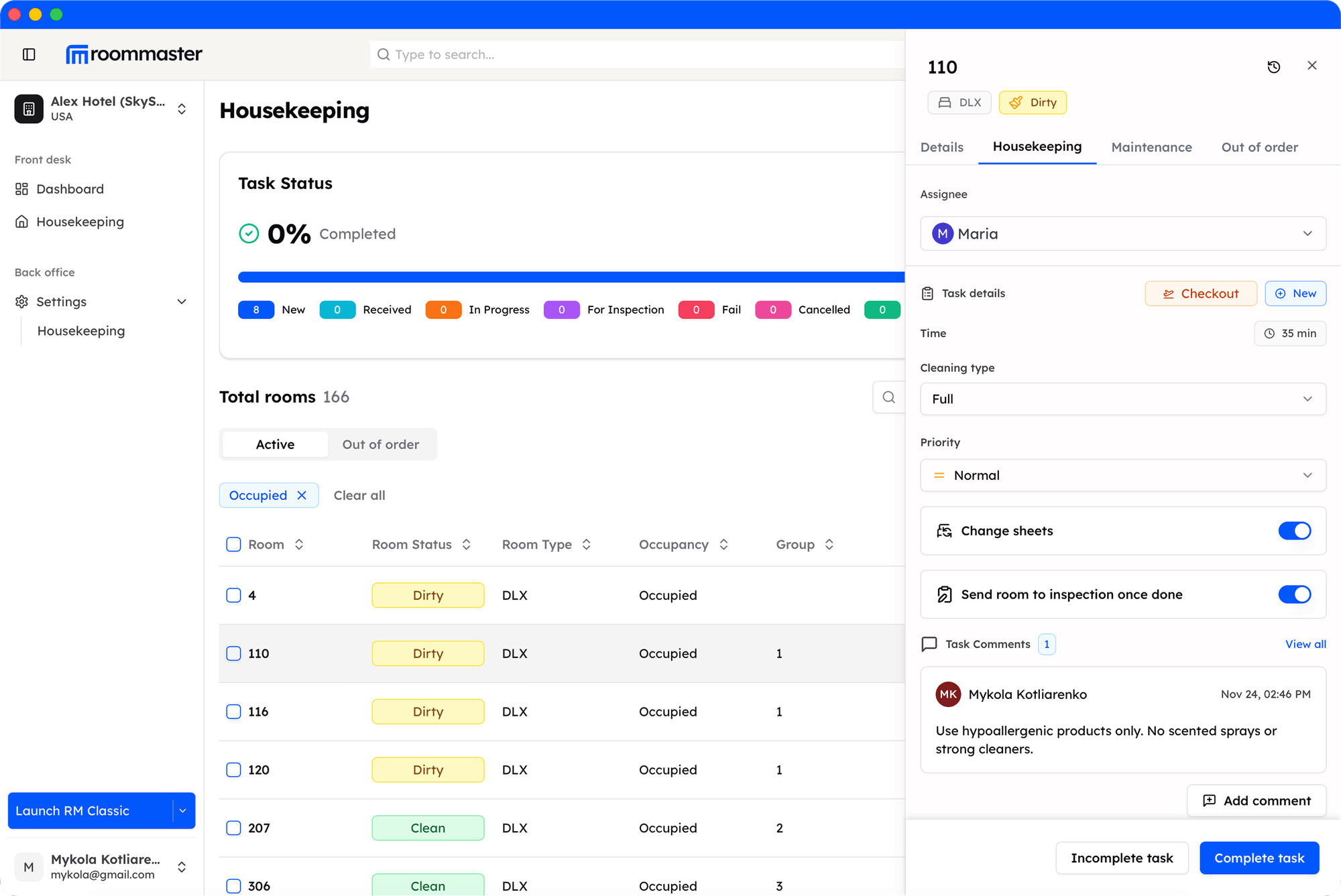 Housekeeping desktop view — the same workflow on the web app dashboard